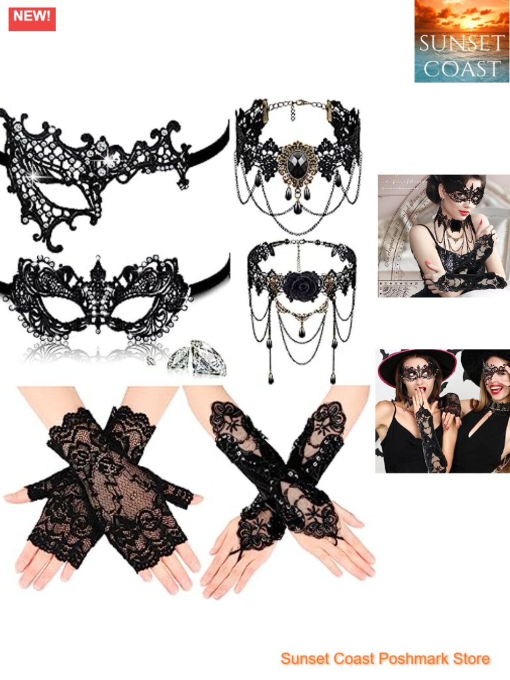 Lace Masquerade Mask Gloves Choker Set Halloween Cosplay Costume Accessories